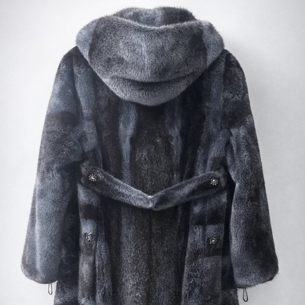 NEW Genuine Hooded Mink Fur Coat – Dark Blue-Black Luxury Elegance - Picture 3 of 10